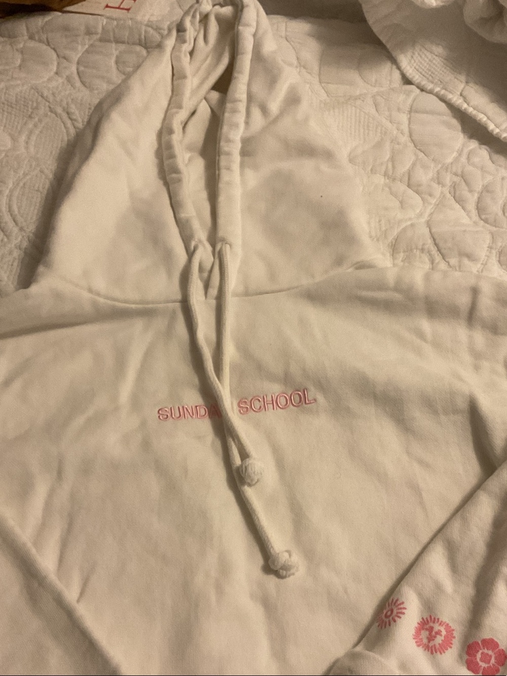 Sundae School Cream Hoodie with Pink Embroidered Logo and Sleeve Flowers